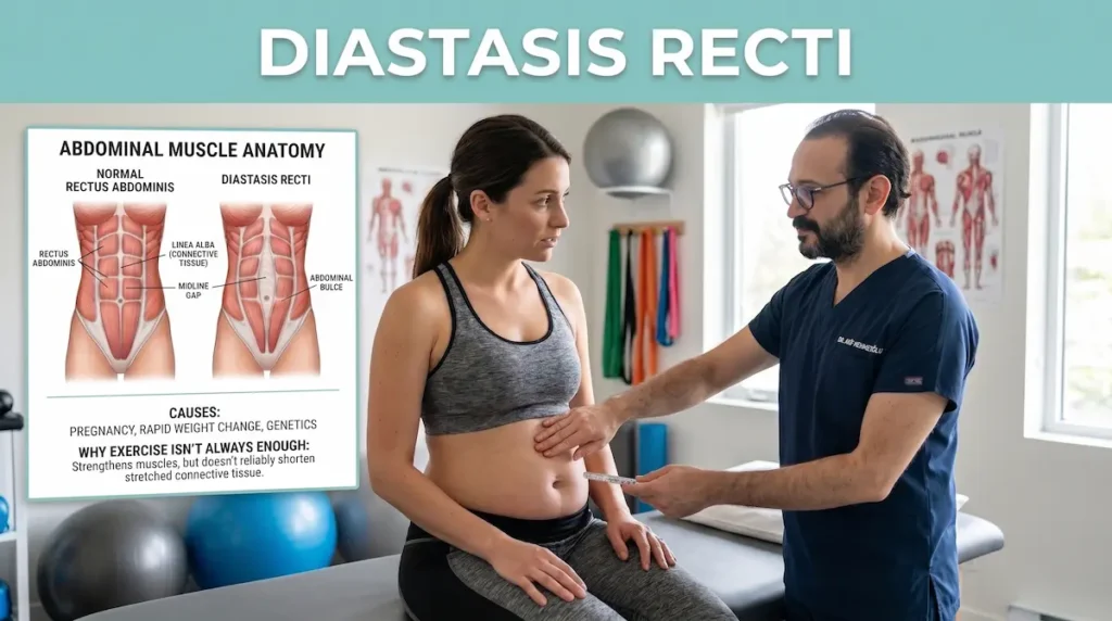 Clinician assesses abdominal muscle separation for diastasis recti repair surgery with an anatomy diagram.