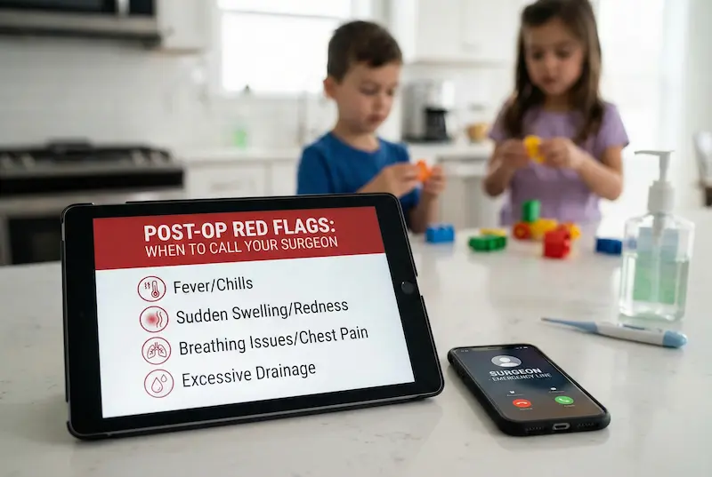Mother resting on a couch during the first 72 hours of mommy makeover recovery with kids doing quiet play, while a partner brings water and medications.
