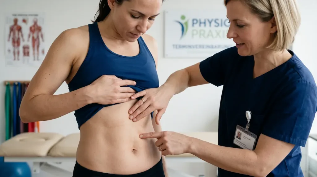 Physiotherapeutin untersucht die Bauchmitte einer Patientin zur Beurteilung vor einer möglichen Rektusdiastase OP.