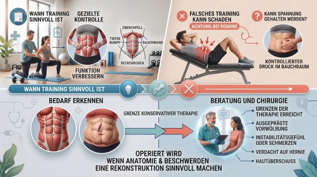 Infografik zu Rektusdiastase OP, gezieltem Training, Core-Kontrolle und den Grenzen konservativer Physiotherapie.