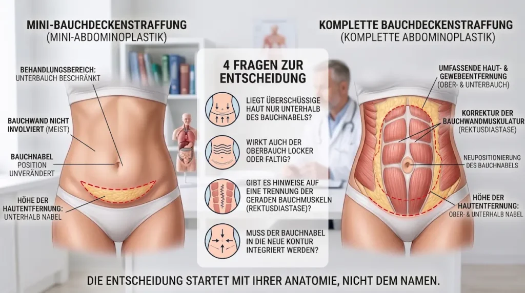 Mini oder komplette Bauchdeckenstraffung: Infografik zu Hautüberschuss, Bauchnabel, Rektusdiastase und Behandlungsumfang.