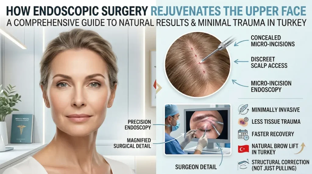 Endoscopic brow lift Turkey infographic showing concealed micro-incisions, discreet scalp access and natural upper-face rejuvenation.