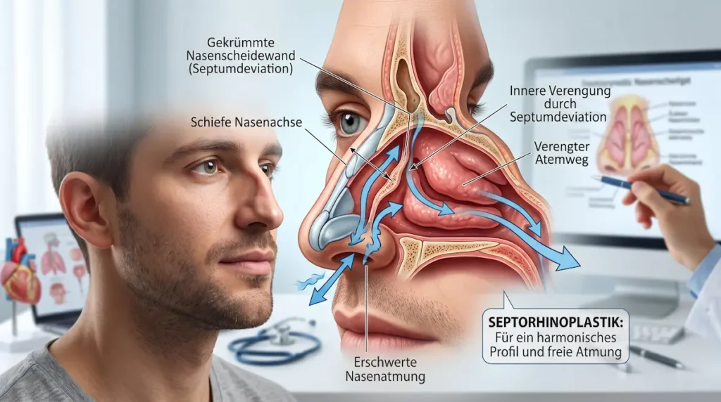 Septorhinoplastik Türkei: anatomische Darstellung einer schiefen Nasenscheidewand mit verengtem Atemweg und schiefer Nasenachse.