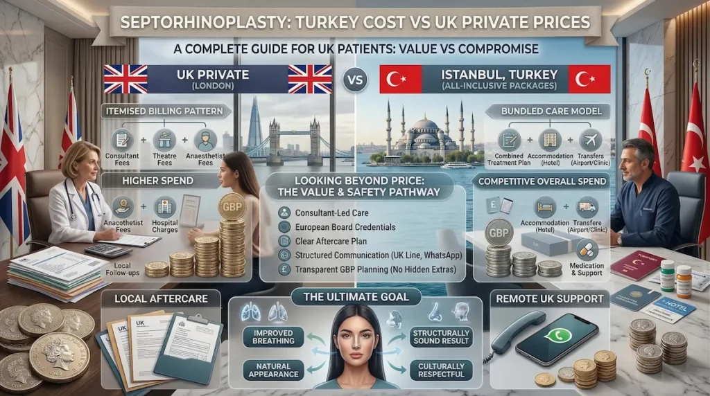 Septorhinoplasty Turkey cost comparison infographic showing UK private prices versus Istanbul package care, aftercare support, and value for UK patients.
