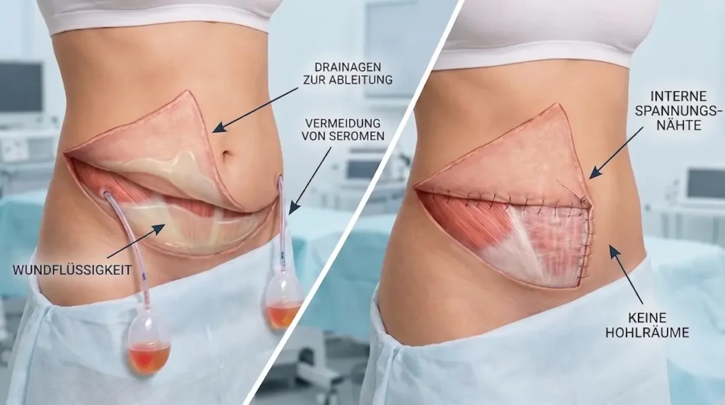 Bauchdeckenstraffung Drainage im Vergleich: links Ableitung von Wundflüssigkeit, rechts interne Spannungsnähte zur Hohlraumreduktion.