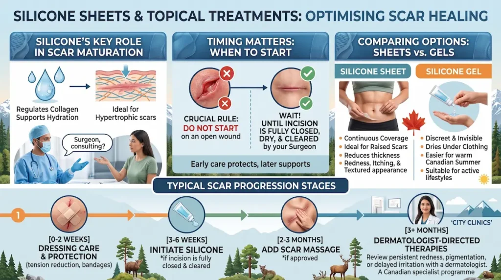 Tummy tuck scar treatment infographic comparing silicone sheets and gels, timing, and scar maturation stages.