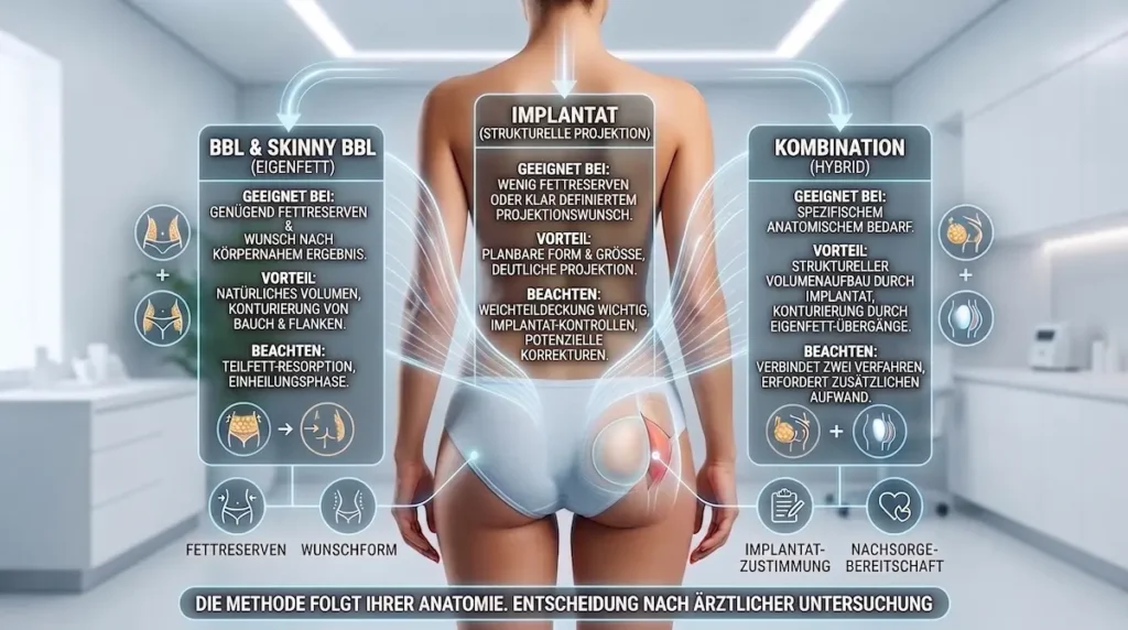 Po Implantate oder Eigenfett: Entscheidungspfad für BBL, Skinny BBL, Implantat und Hybrid nach Fettreserve und Anatomie.