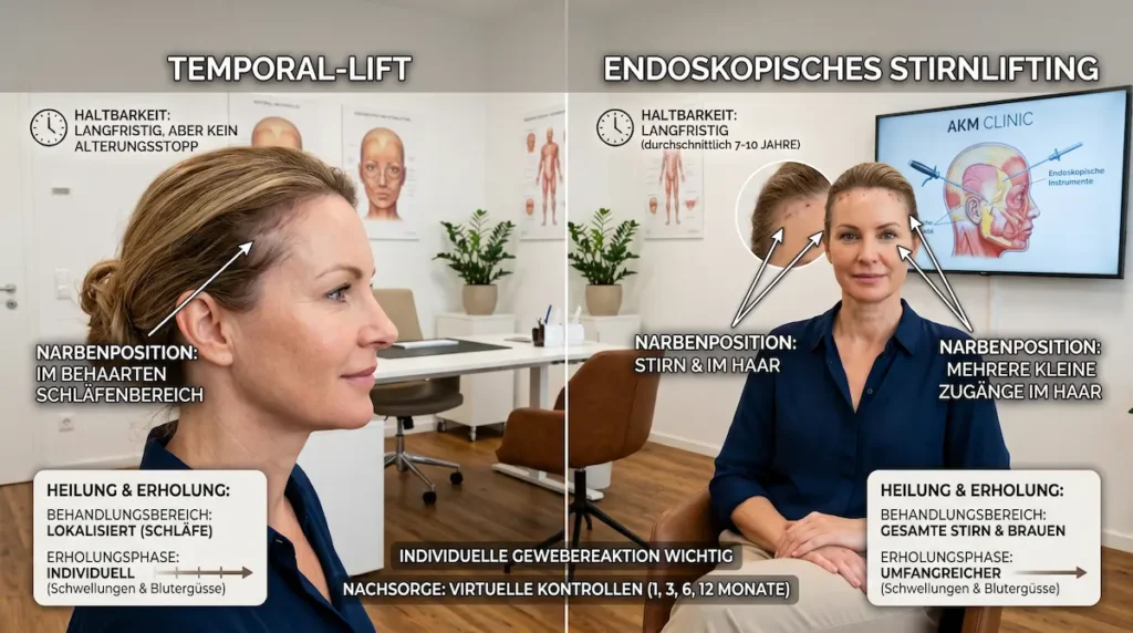 Temporal Lift oder Stirnlifting: Vergleich von Narbenposition, Heilung, Erholung und langfristiger Haltbarkeit beider Lifting-Verfahren.