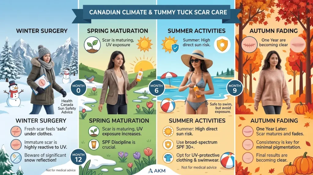 Tummy tuck scar treatment infographic showing Canadian seasonal UV risks, SPF use, and scar fading over 12 months.