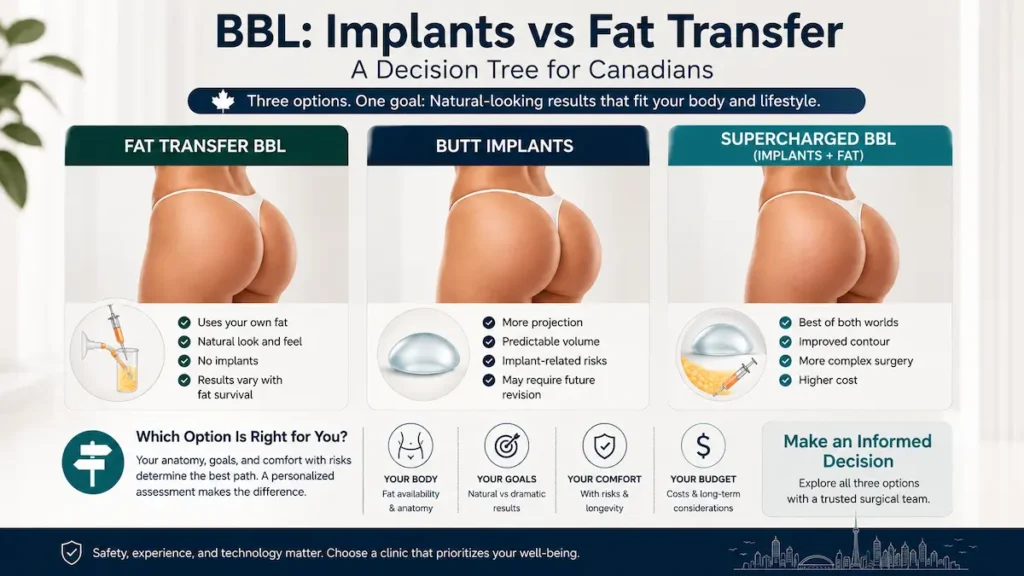 BBL implants vs fat transfer infographic comparing fat transfer BBL, butt implants, and Supercharged BBL options.