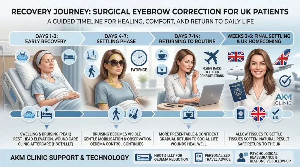 Recovery timeline infographic for asymmetrical eyebrow correction, showing healing stages, swelling, return to routine, and UK travel guidance after surgery.