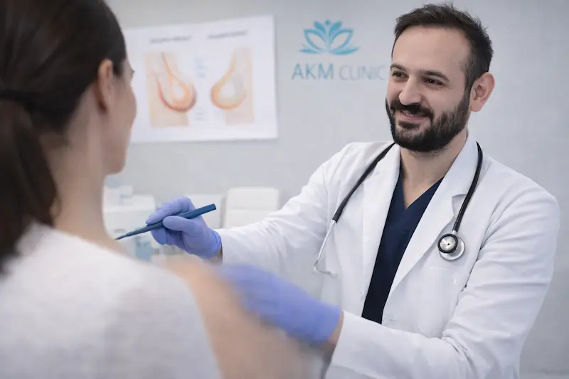 Surgeon consultation for breast lift with implants surgery at AKM Clinic, showing pre-op marking and planning for incision placement and scar management.
