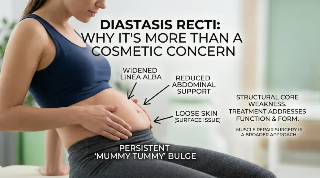 Diastasis recti repair surgery illustration showing widened linea alba, reduced abdominal support, loose skin and a persistent mummy tummy bulge.