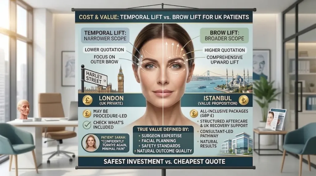 Temporal lift vs brow lift cost comparison infographic for UK patients, contrasting London private pricing with Istanbul value, aftercare, and procedure scope.