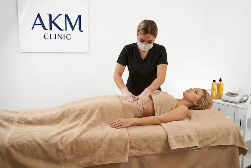 Post-op lymphatic massage session at AKM Clinic to support swelling reduction and smoother recovery after liposuction.