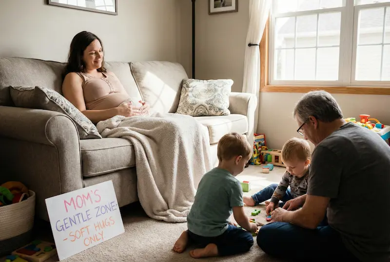 Mom resting on the couch during mommy makeover recovery with kids playing quietly, showing a gentle-hugs-only rule at home.