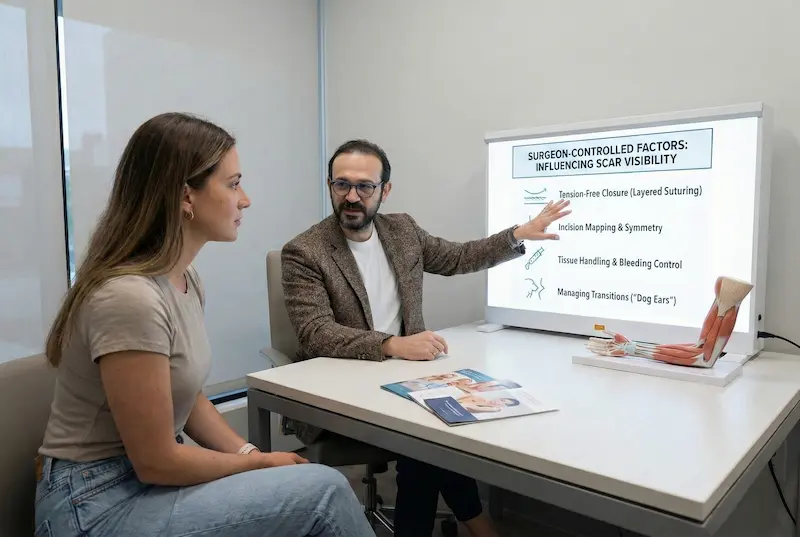 Surgeon consultation explaining scar-minimizing techniques for arm lift scars, including tension-free closure and incision planning.