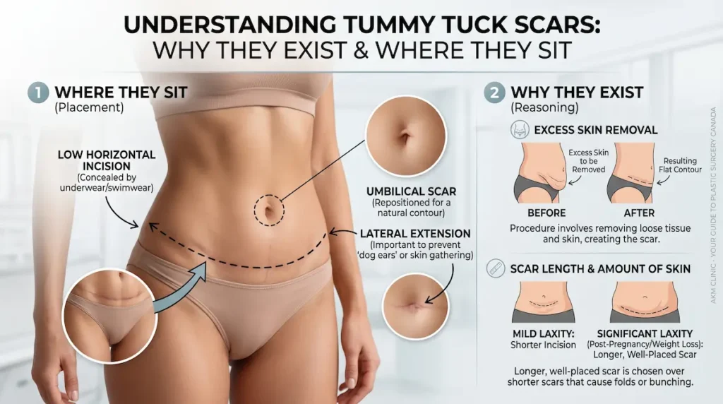 Tummy tuck scar treatment diagram showing low incision placement, belly button scar, and scar length by skin laxity.