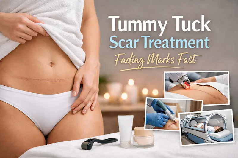 Tummy tuck scar treatment cover image showing a low abdominal incision line and scar-care options like laser and HBOT.