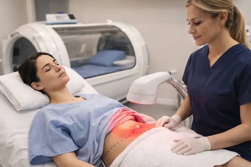 Post-op tummy tuck recovery support at AKM Clinic showing low-level laser therapy (LLLT) on the abdomen to aid healing and scar care.