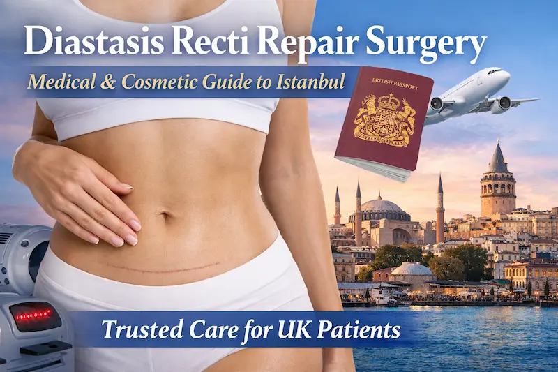 Diastasis recti repair surgery cover image showing a post-pregnancy abdomen, Istanbul skyline and trusted care for UK patients.