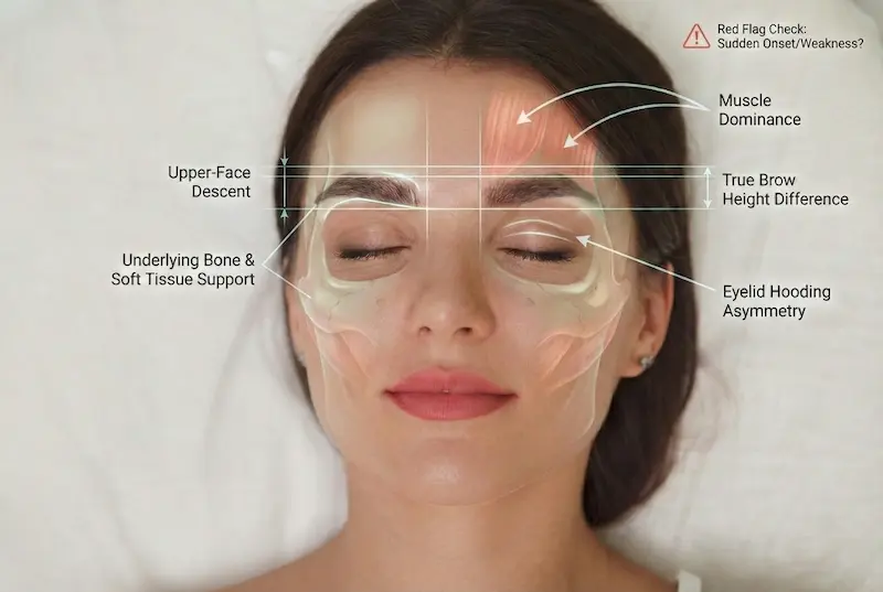 Understanding eyebrow asymmetry diagram showing upper-face descent, muscle dominance, true brow height difference, eyelid hooding asymmetry, and red flag check.