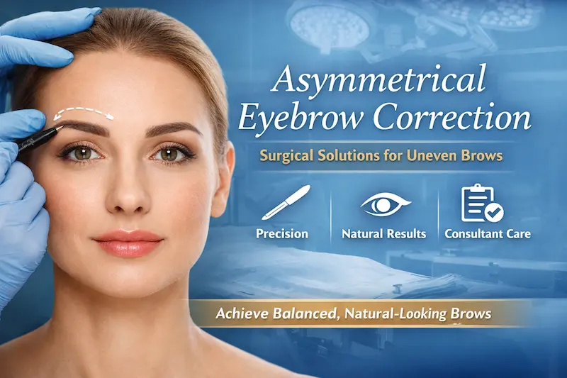 Promotional cover image for asymmetrical eyebrow correction showing a woman with marked brow imbalance in a clinical setting.