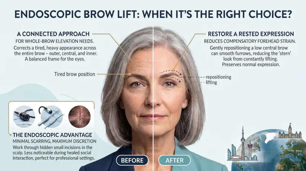 Temporal lift vs brow lift infographic showing endoscopic brow lift correction for forehead heaviness and central brow droop.