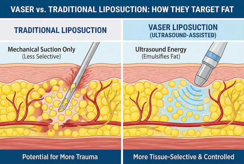 Illustration comparing vaser ultrasound-assisted liposuction vs traditional liposuction, showing ultrasound energy emulsifying fat versus mechanical suction.