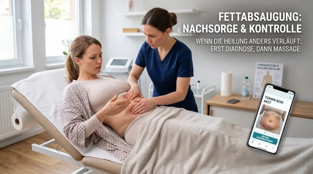 Lymphdrainage nach Fettabsaugung: Ärztliche Kontrolle bei auffälligen Verhärtungen oder ungewöhnlichem Heilungsverlauf am Bauch.