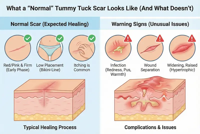 Infographic showing what a normal tummy tuck scar looks like versus warning signs such as infection, wound separation, and widening or raised scars.