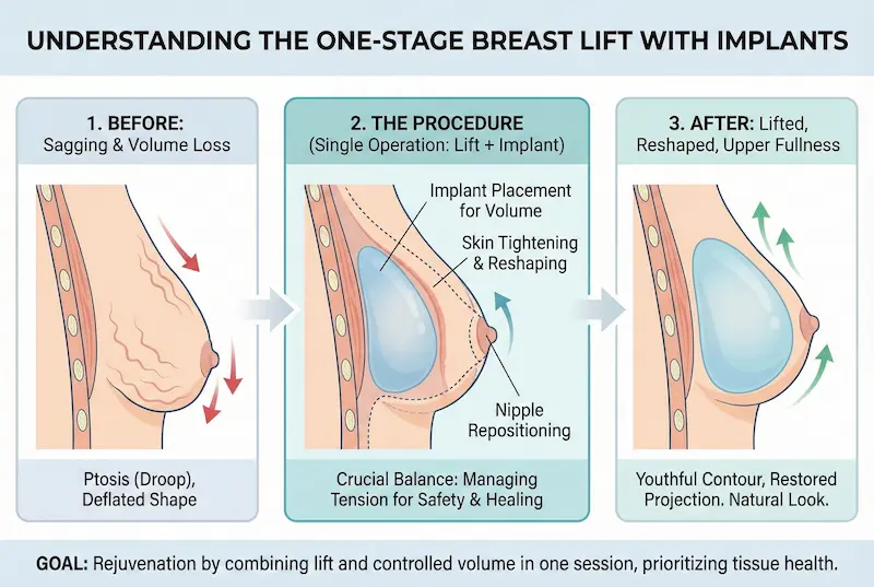 Understanding a one-stage breast lift with implants: before sagging and volume loss, lift plus implant placement, and after lifted shape with upper fullness.