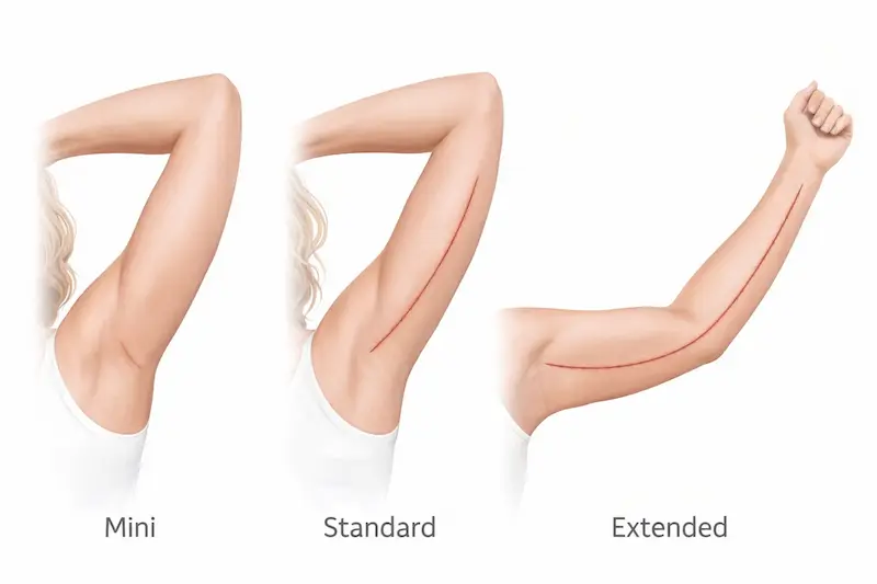 Arm lift scar incision placement comparison showing mini, standard, and extended arm lift scars on the inner upper arm.