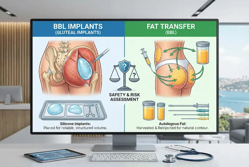 Diagram comparing bbl implants (gluteal implants) vs fat transfer (bbl), showing where implants are placed and how fat is harvested and reinjected