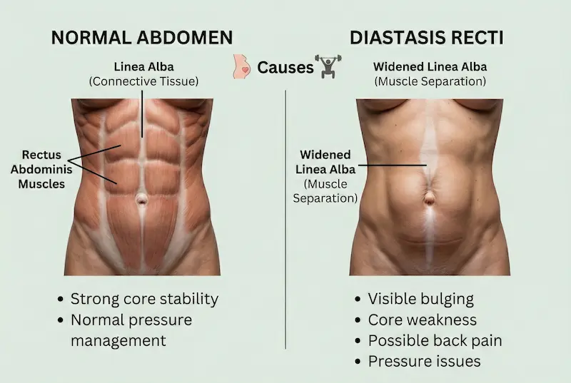 Comparison infographic showing normal abdomen vs diastasis recti, highlighting widened linea alba, visible bulging, core weakness, and pressure issues.