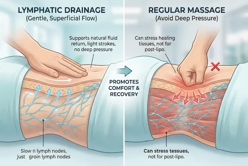 What is lymphatic drainage massage: side-by-side diagram showing gentle superficial strokes after lipo versus deep-pressure regular massage to avoid during post-op recovery.