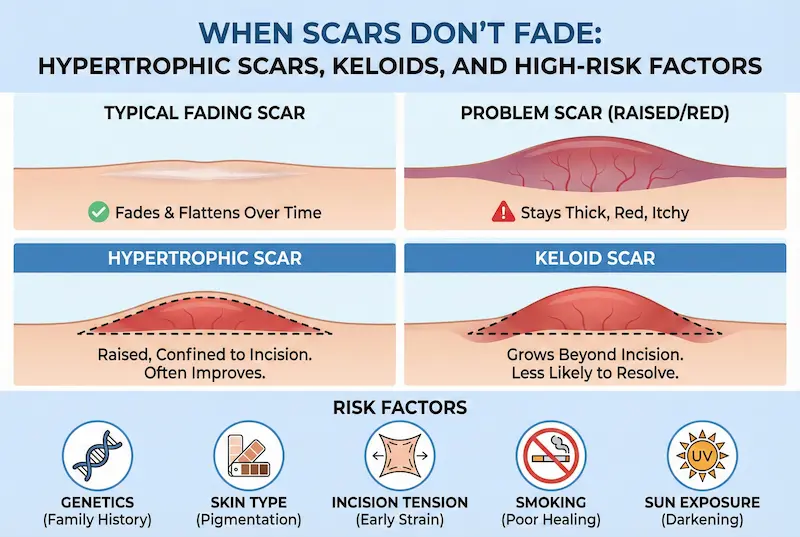 Infographic explaining when scars don’t fade, comparing hypertrophic scars vs keloids, showing a typical fading scar vs raised red scar, plus risk factors like genetics, skin type, incision tension, smoking, and sun exposure.