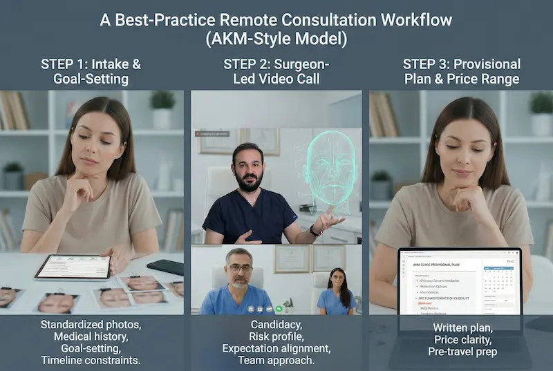 Infographic showing an AKM-style remote consultation workflow with intake, surgeon-led video call, and a written plan with price range.