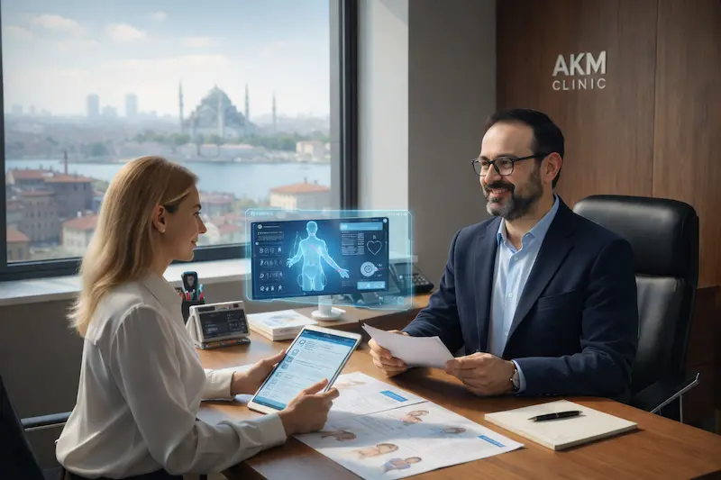 Surgeon-led consultation at AKM Clinic in Istanbul, showing clear doctor-patient communication with an English-speaking team and a structured treatment plan discussion.