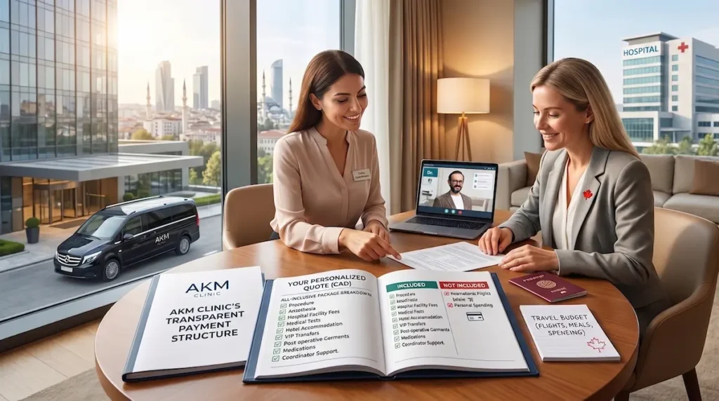 AKM Clinic consultation image for financing plastic surgery Turkey, showing a Canadian patient reviewing an all-inclusive payment quote.