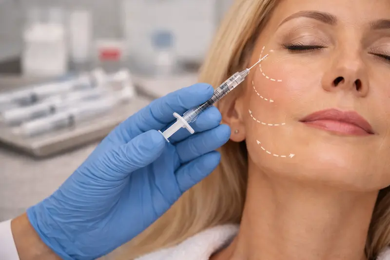 Avoiding the overfilled or pillow face look—close-up of facial filler injection with conservative placement mapping on cheek and jawline.