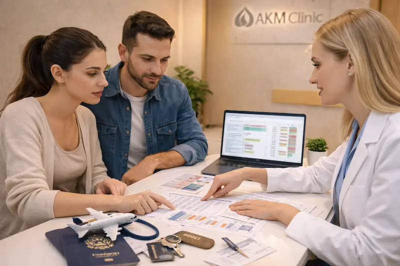 A couple reviews medical travel costs with an AKM Clinic advisor, discussing documents and a laptop budget sheet alongside travel items, illustrating companion cost planning.
