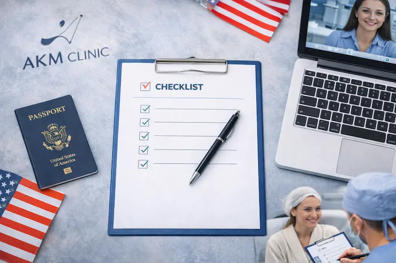 Consultation checklist for US patients planning plastic surgery in Turkey, showing a clipboard checklist, US passport, and online video consultation setup at AKM Clinic.