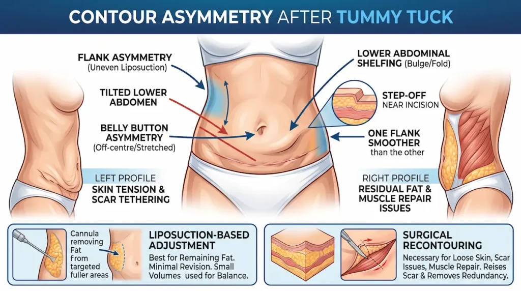 Contour asymmetry diagram for tummy tuck revision Turkey, showing flank imbalance and surgical recontouring options.