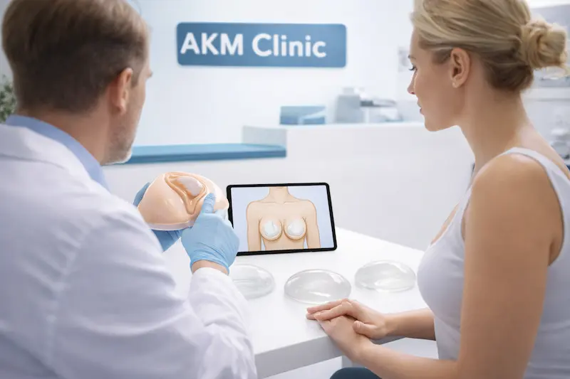 AKM Clinic consultation illustrating cost drivers in breast implant revision, with a surgeon reviewing implant options and surgical planning visuals on a tablet.