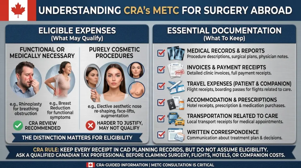 Infographic for financing plastic surgery Turkey explaining CRA Medical Expense Tax Credit documentation for Canadian surgery abroad.
