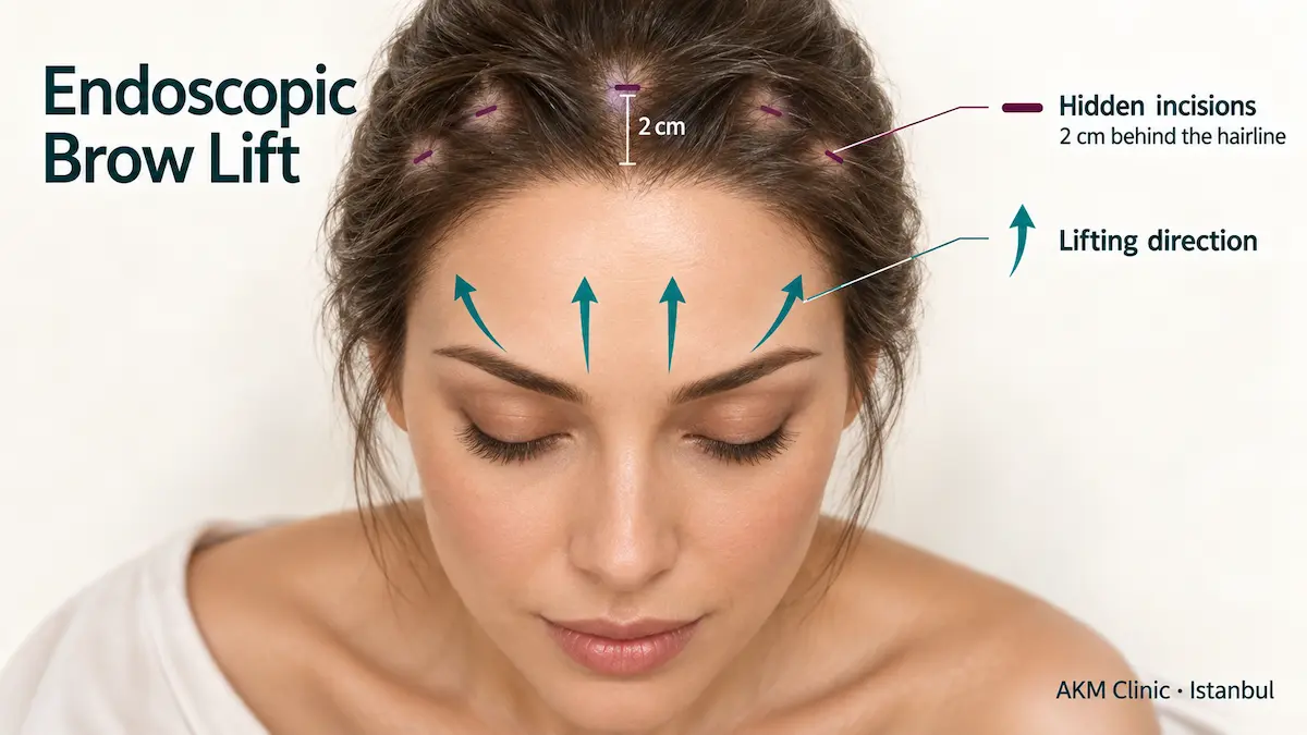 Diagram of endoscopic brow lift incision points hidden 2 cm behind the hairline, showing the lifting vector used at AKM Clinic in Istanbul.