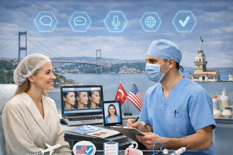 English-speaking plastic surgeon in Turkey consulting with a US patient in Istanbul clinic, highlighting clear doctor-patient communication and medical tourism support.
