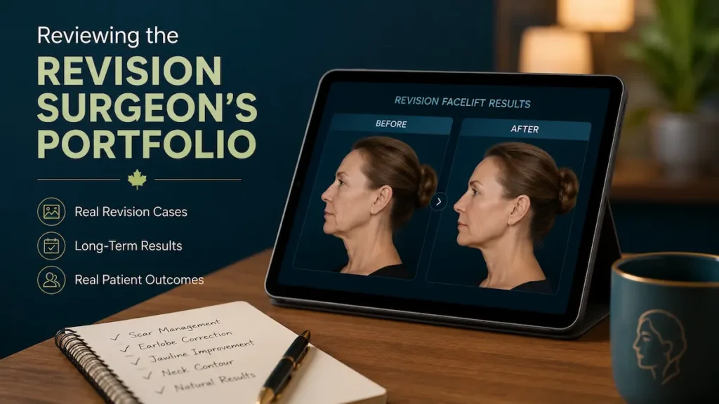 Revision facelift specialist reviewing before and after portfolio results for a Canadian patient.