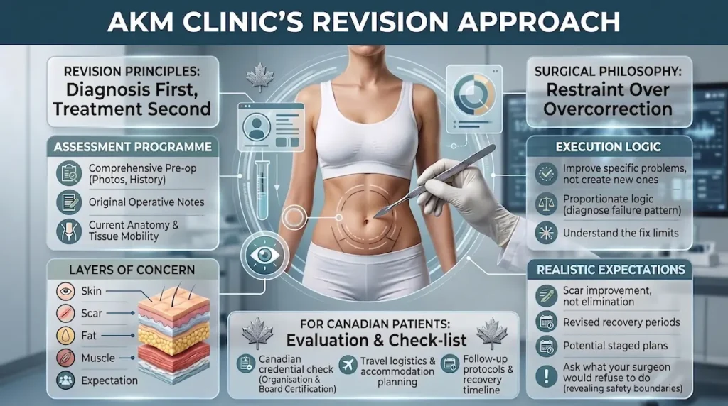 AKM Clinic revision planning graphic for tummy tuck revision turkey, showing diagnosis first, tissue layers, and realistic expectations.